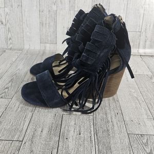 Free People Navy Blue Suede Matiko Morgan Block Heel Sandal Fringe BOHO Shoes 36